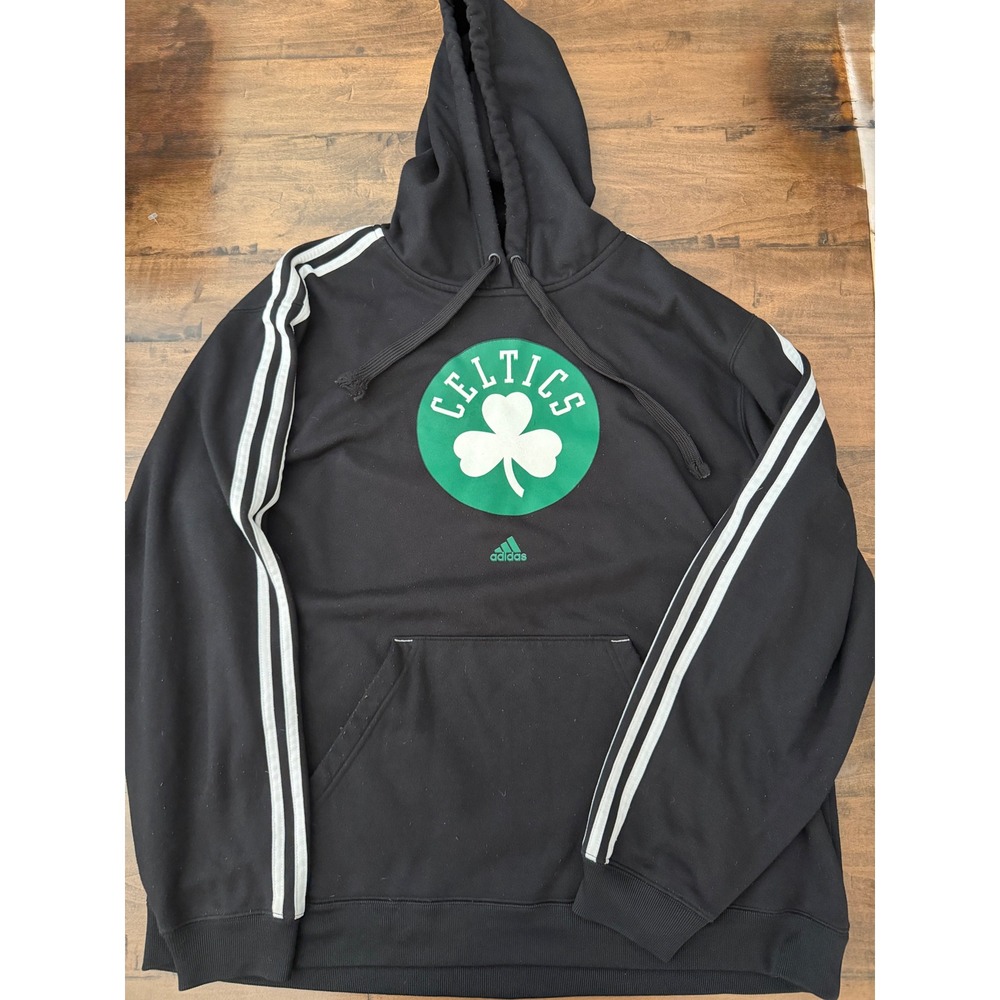 Adidas Boston Celtics Hoodie Mens 2XL Black NBA Shamrock Logo 3-Stripe Sweater